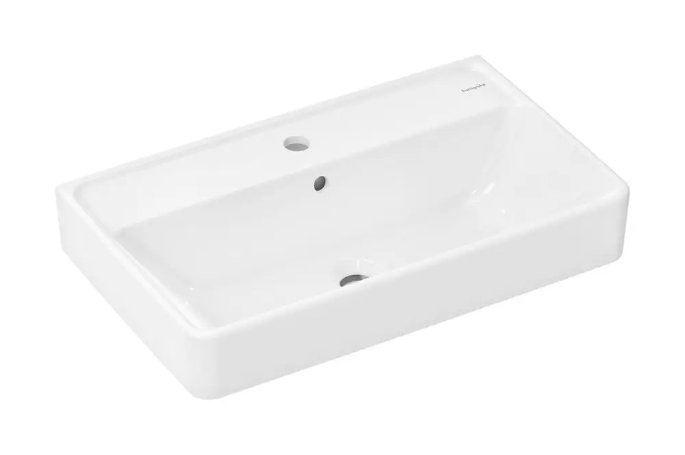 Hansgrohe Waschtisch in Weiß mit Hahnloch und Überlauf. Rechteckige Form, glatte Oberfläche, für Badezimmermontage geeignet.